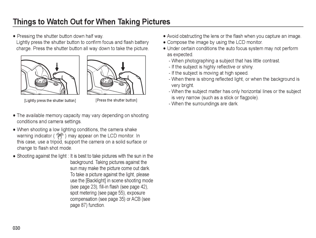 Samsung EC-WB5500BPARU manual Things to Watch Out for When Taking Pictures, Pressing the shutter button down half way 