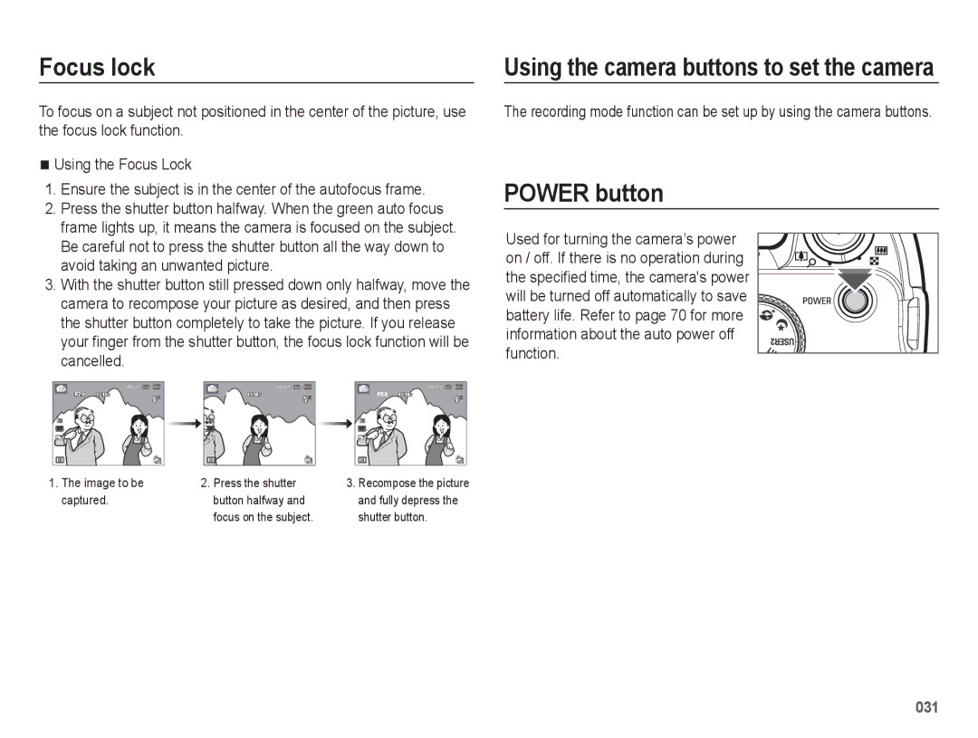 Samsung EC-WB5500BPBRU, EC-WB5500BPAE1, EC-WB5500BPBE1 manual Focus lock, Power button, Used for turning the camera’s power 