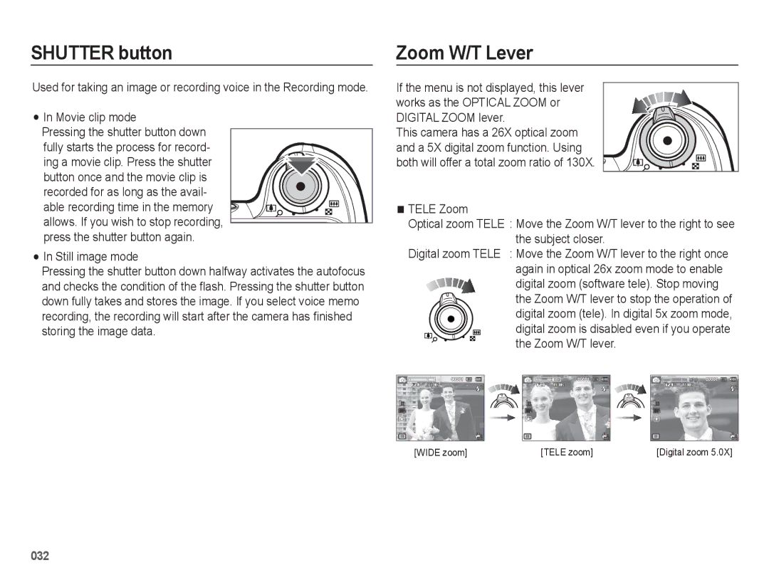 Samsung EC-WB5500BPAE1, EC-WB5500BPBE1, EC-WB5500BPBIT, EC-WB5500BPASA, EC-WB5500BPBIL manual Shutter button, Zoom W/T Lever 