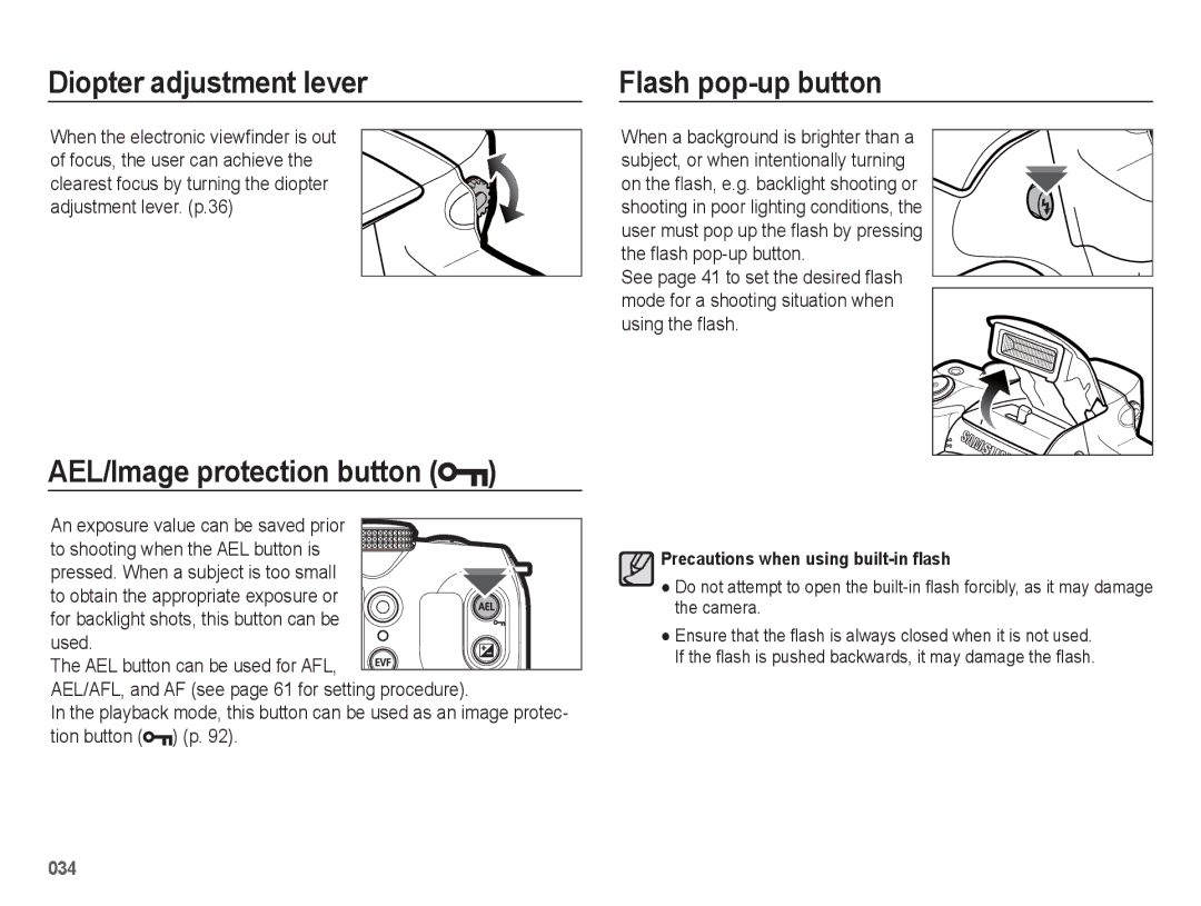 Samsung EC-WB5500BPBIT, EC-WB5500BPAE1 manual Diopter adjustment lever, AEL/Image protection button, Flash pop-up button 