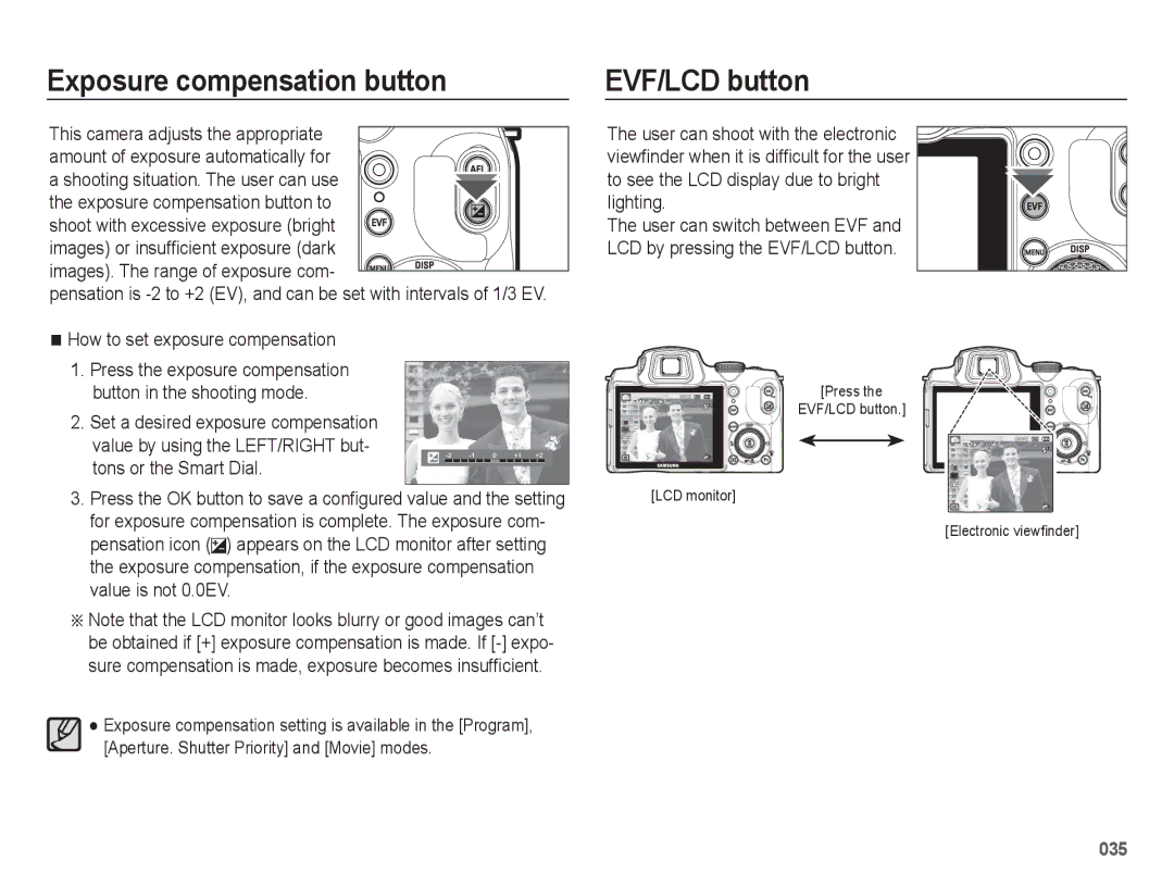 Samsung EC-WB5500BPASA, EC-WB5500BPAE1 Exposure compensation button, EVF/LCD button, Images. The range of exposure com 