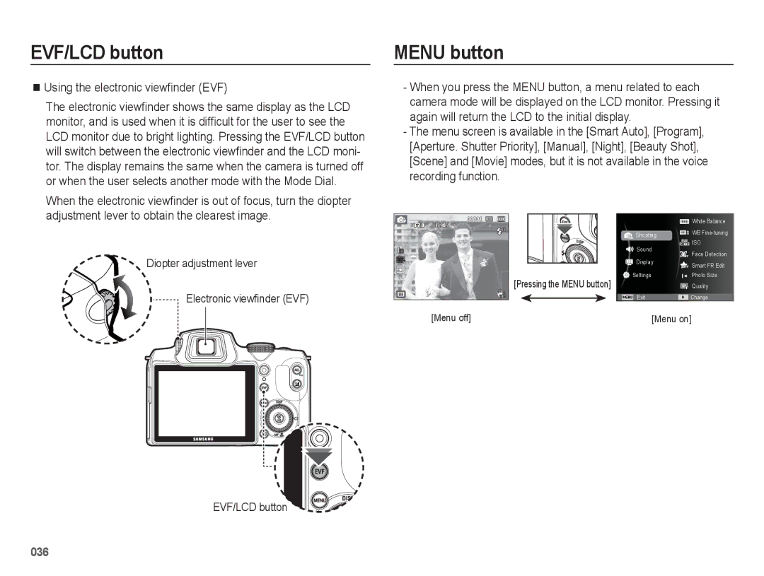 Samsung EC-WB5500BPBIL, EC-WB5500BPAE1, EC-WB5500BPBE1, EC-WB5500BPBIT manual Menu button, Using the electronic viewﬁnder EVF 