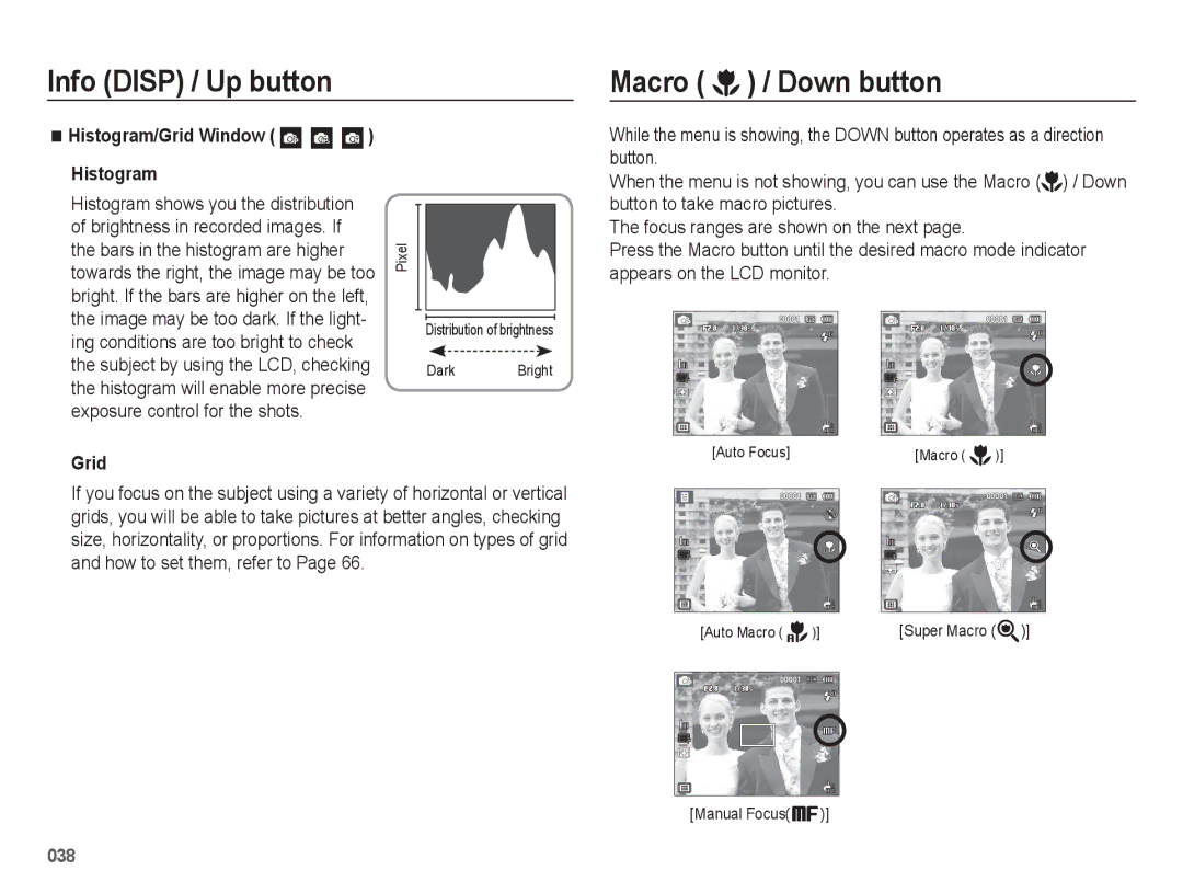 Samsung EC-WB5500BPBE3 manual Info Disp / Up button Macro / Down button, Histogram/Grid Window Histogram, Manual Focus 