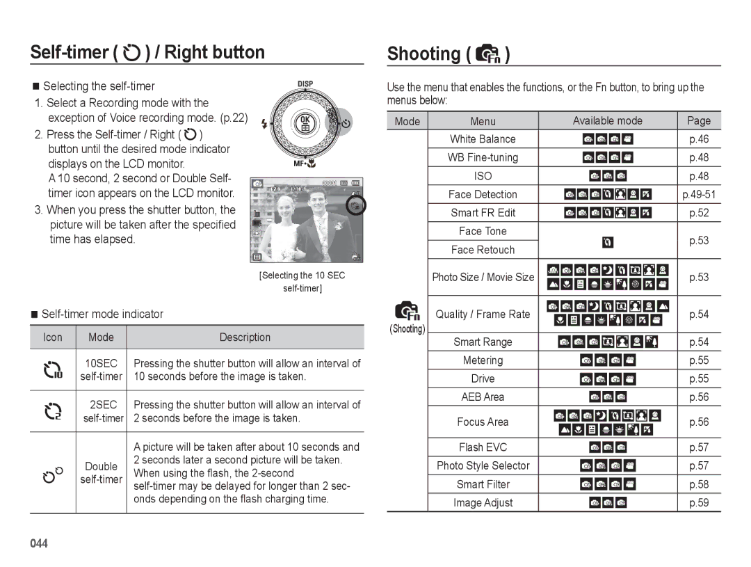 Samsung EC-WB5500BPBE1, EC-WB5500BPAE1, EC-WB5500BPBIT, EC-WB5500BPASA, EC-WB5500BPBIL Shooting, Selecting the self-timer 