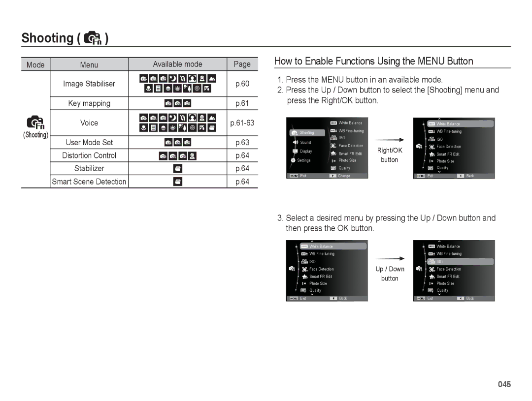 Samsung EC-WB5500BPBIT, EC-WB5500BPAE1 manual Press the Menu button in an available mode, Press the Right/OK button 