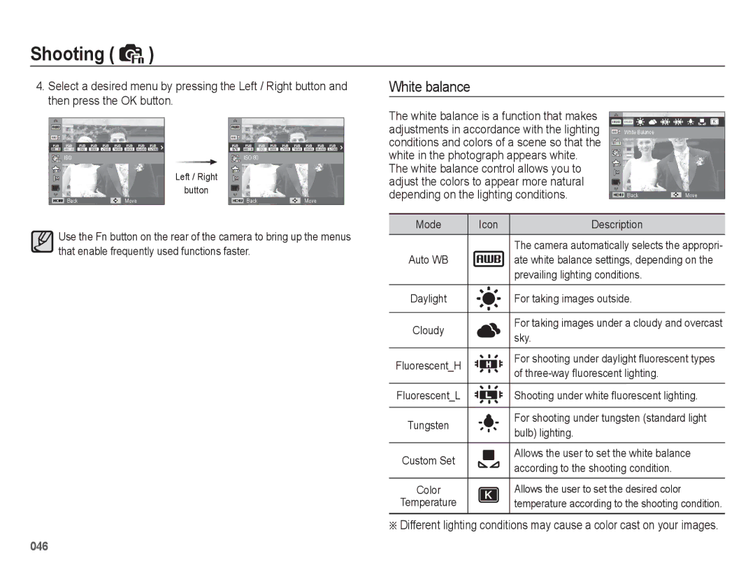 Samsung EC-WB5500BPASA, EC-WB5500BPAE1, EC-WB5500BPBE1, EC-WB5500BPBIT, EC-WB5500BPBIL, EC-WB5500BPBSA manual White balance 