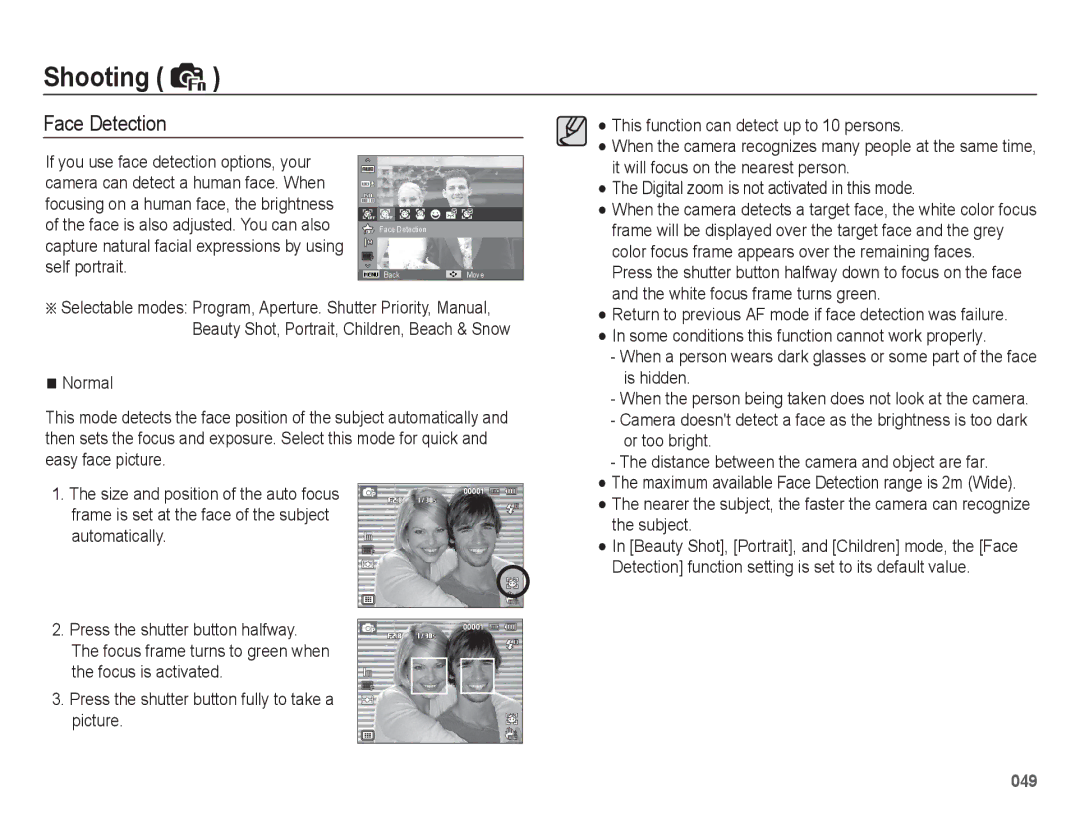 Samsung EC-WB5500BPBE3, EC-WB5500BPAE1, EC-WB5500BPBE1 manual Face Detection, This function can detect up to 10 persons 