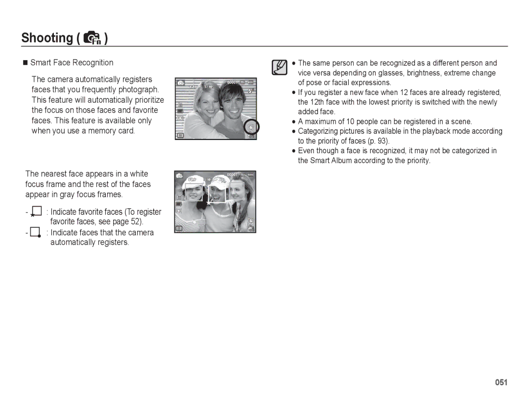 Samsung EC-WB5500BPAE3 Smart Face Recognition, Indicate faces that the camera Automatically registers, Favorite faces, see 