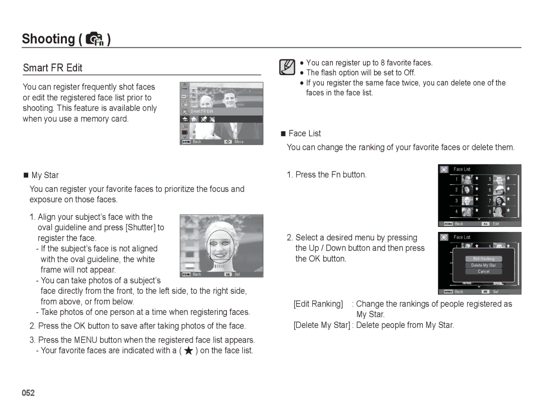 Samsung EC-WB5500BPARU Smart FR Edit, Face List, My Star Press the Fn button, Register the face, Frame will not appear 