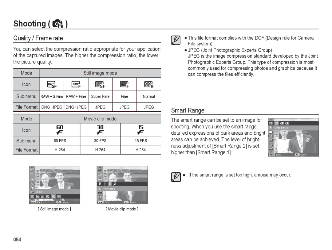 Samsung EC-WB5500BPAE1 manual Quality / Frame rate, Shooting. When you use the smart range, Higher than Smart Range 