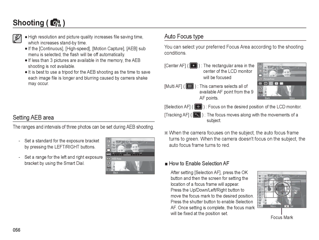 Samsung EC-WB5500BPBIT, EC-WB5500BPAE1, EC-WB5500BPBE1, EC-WB5500BPASA manual Auto Focus type, Setting AEB area, Focus Mark 