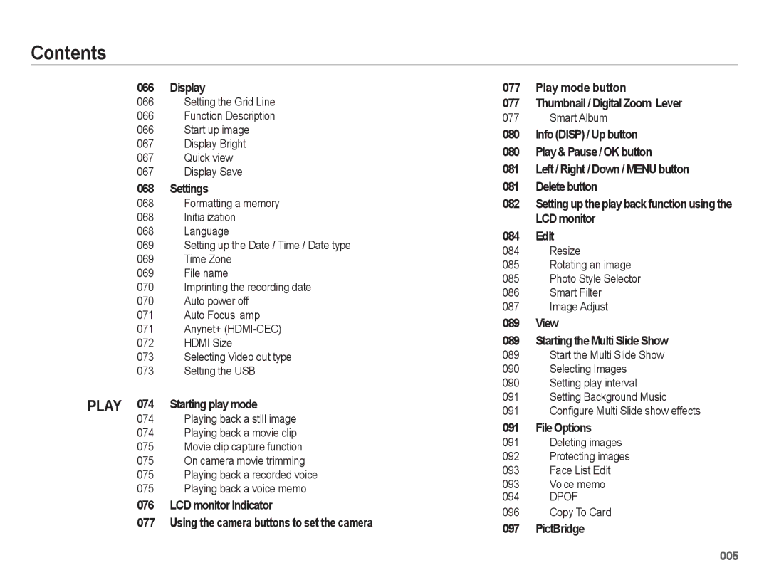 Samsung EC-WB5500BPBE3 Display, Settings, Play 074 Starting play mode, View Starting the Multi Slide Show, File Options 