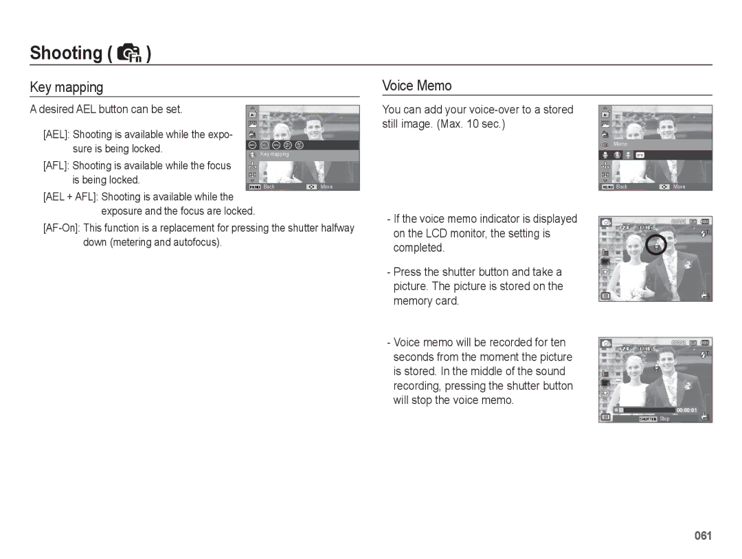 Samsung EC-WB5500BPBE2, EC-WB5500BPAE1, EC-WB5500BPBE1 manual Key mapping, Voice Memo, Desired AEL button can be set 