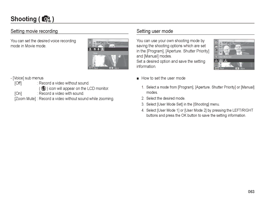 Samsung EC-WB5500BPARU manual Setting movie recording Setting user mode, Voice sub menus Off Record a video without sound 