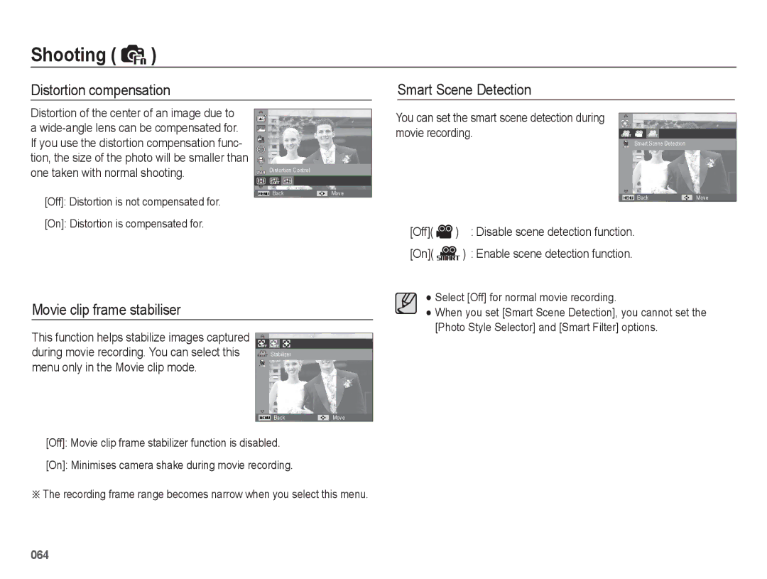 Samsung EC-WB5500BPBRU, EC-WB5500BPAE1 manual Distortion compensation Smart Scene Detection, Movie clip frame stabiliser 