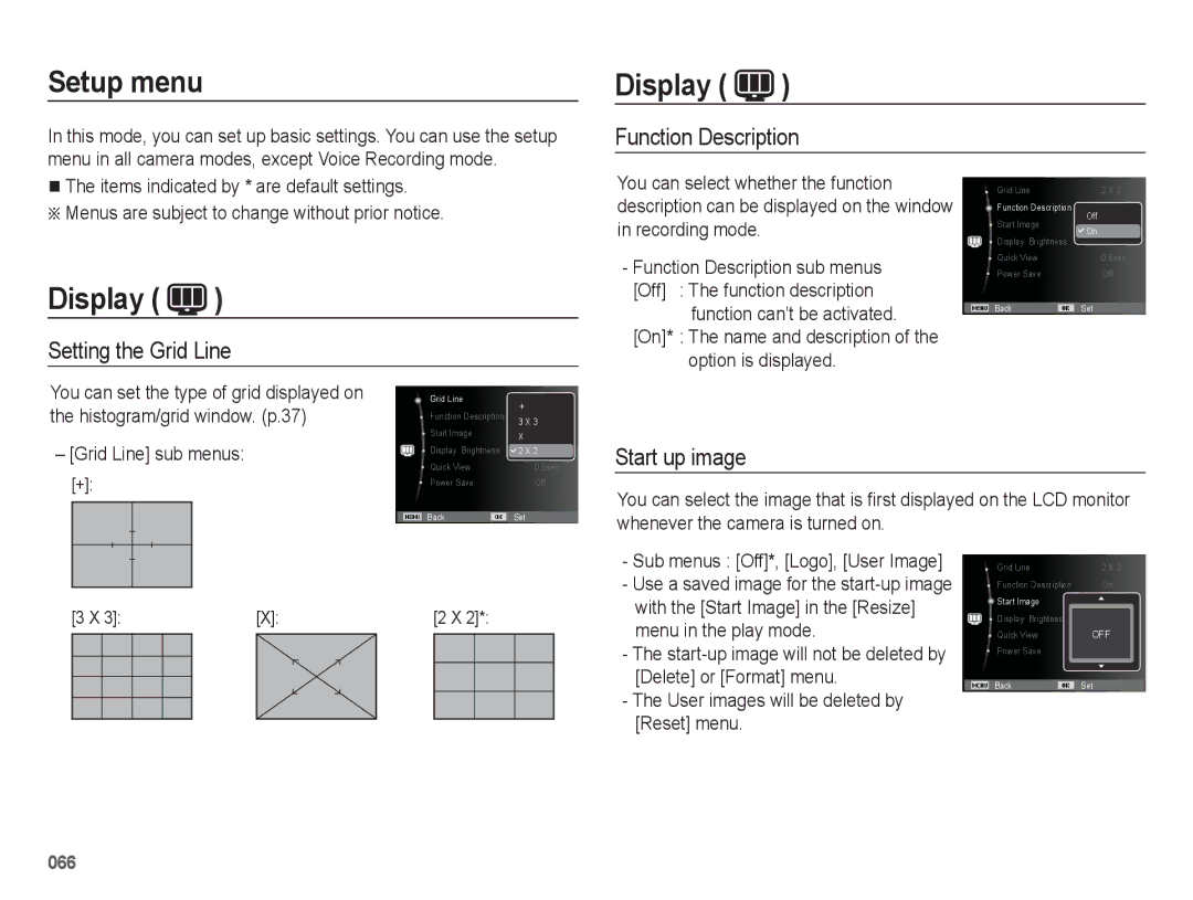 Samsung EC-WB5500BPBE1, EC-WB5500BPAE1 Setup menu, Display, Function Description, Setting the Grid Line, Start up image 