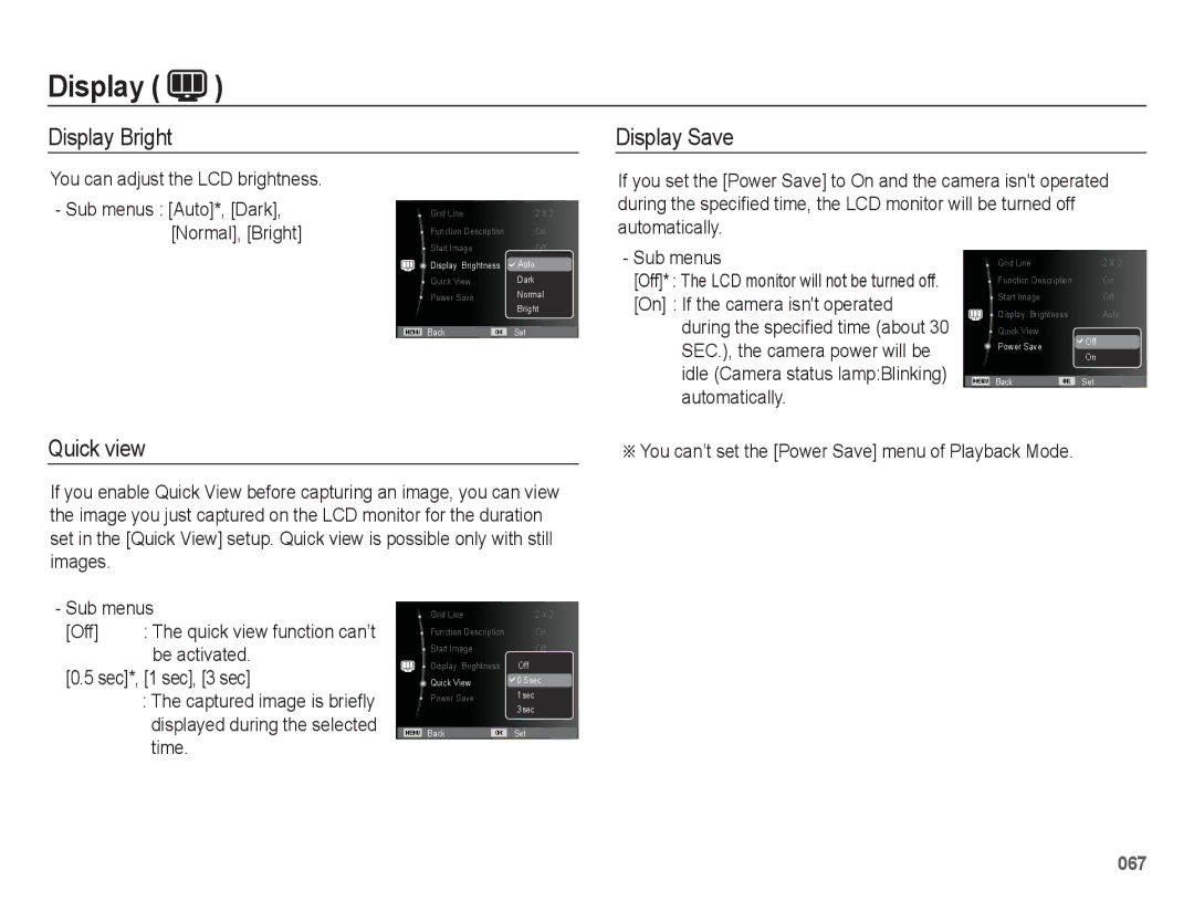 Samsung EC-WB5500BPBIT manual Display Bright Display Save, Quick view, You can adjust the LCD brightness, Sub menus 