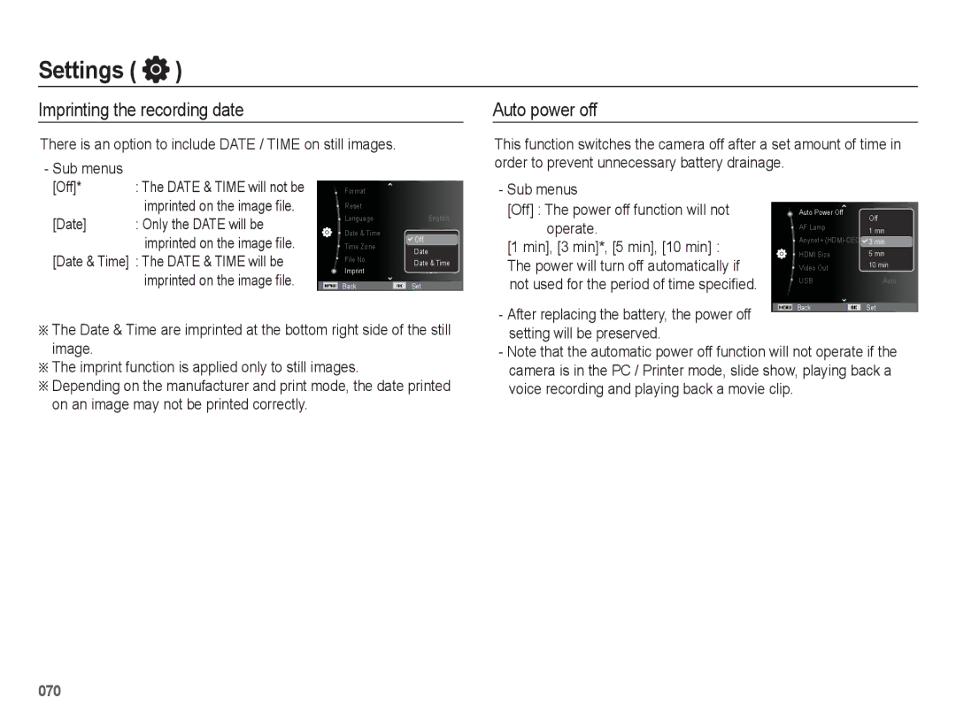 Samsung EC-WB5500BPBSA, EC-WB5500BPAE1, EC-WB5500BPBE1, EC-WB5500BPBIT manual Imprinting the recording date, Auto power off 