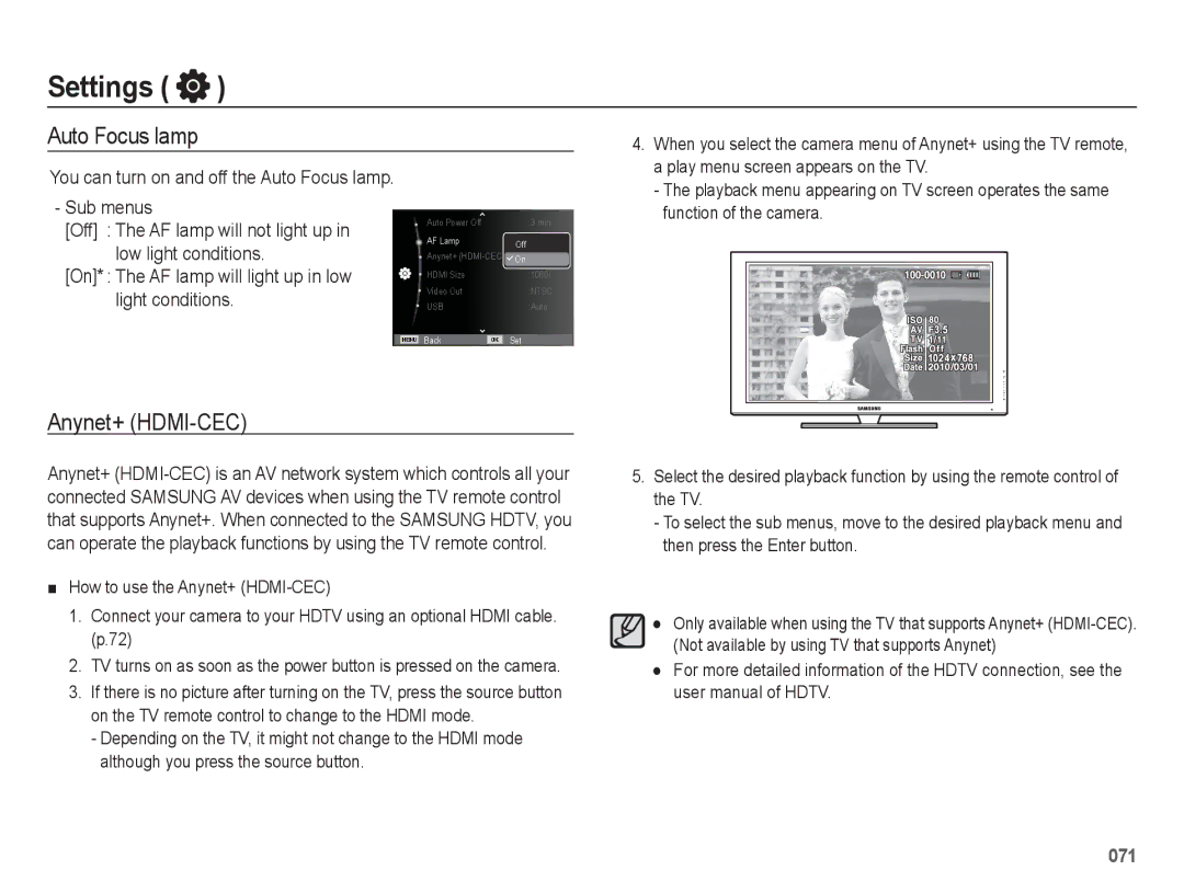 Samsung EC-WB5500BPBE3 manual Auto Focus lamp, Anynet+ HDMI-CEC, On* The AF lamp will light up in low light conditions 