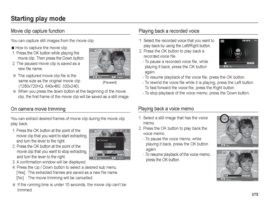 Samsung EC-WB5500BPBRU, EC-WB5500BPAE1, EC-WB5500BPBE1 manual Movie clip capture function, Playing back a recorded voice 