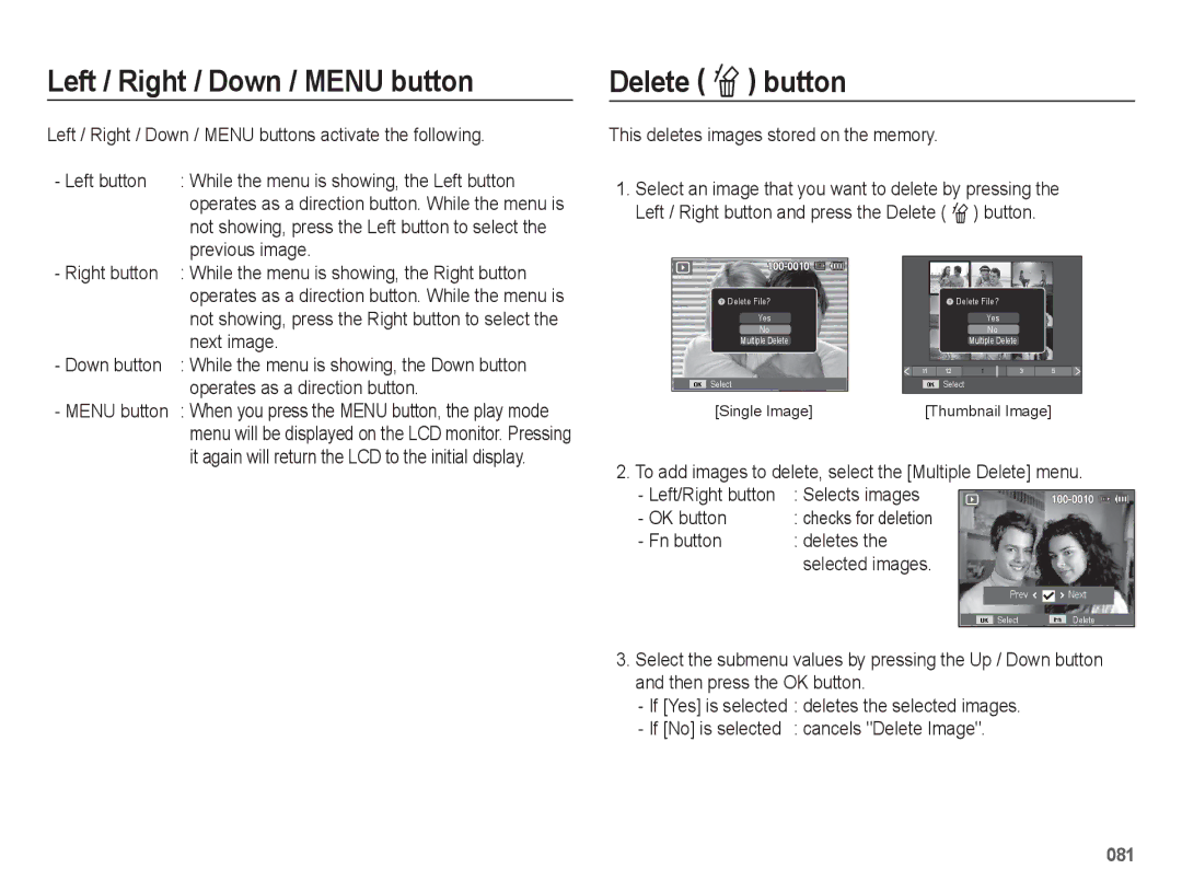 Samsung EC-WB5500BPBSA, EC-WB5500BPAE1, EC-WB5500BPBE1, EC-WB5500BPBIT Left / Right / Down / Menu button, Delete Õ button 