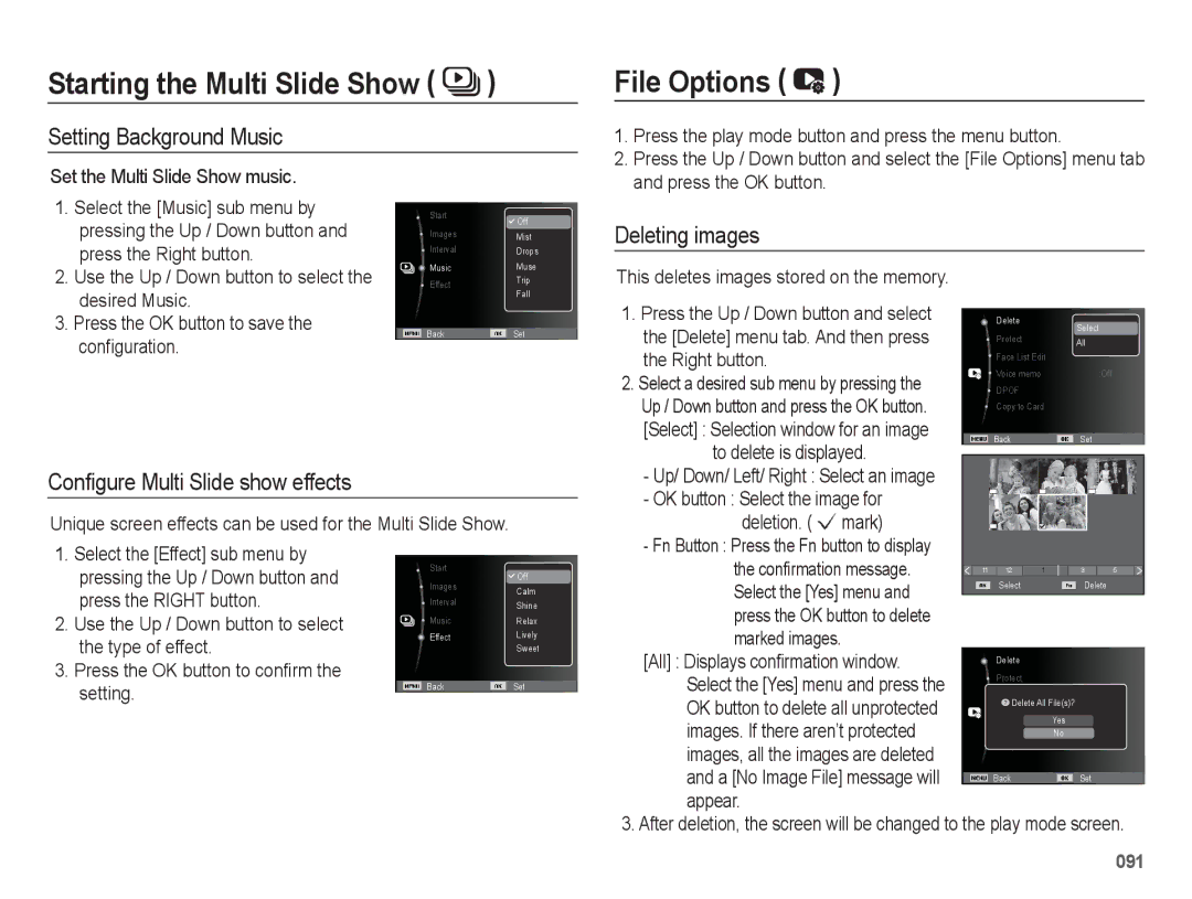 Samsung EC-WB5500BPBIL manual File Options, Setting Background Music, Deleting images, Conﬁgure Multi Slide show effects 