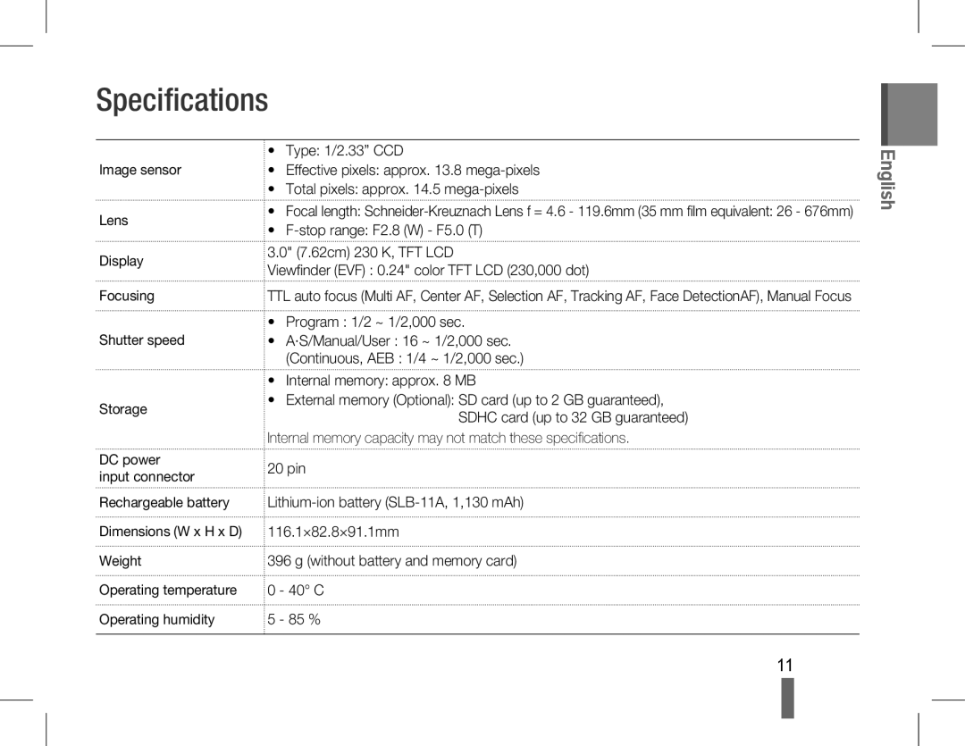 Samsung EC-WB5500BPAE1, EC-WB5500BPBE1, EC-WB5500BPBIT, EC-WB5500BPASA, EC-WB5500BPBIL, EC-WB5500BPBSA manual Specifications 