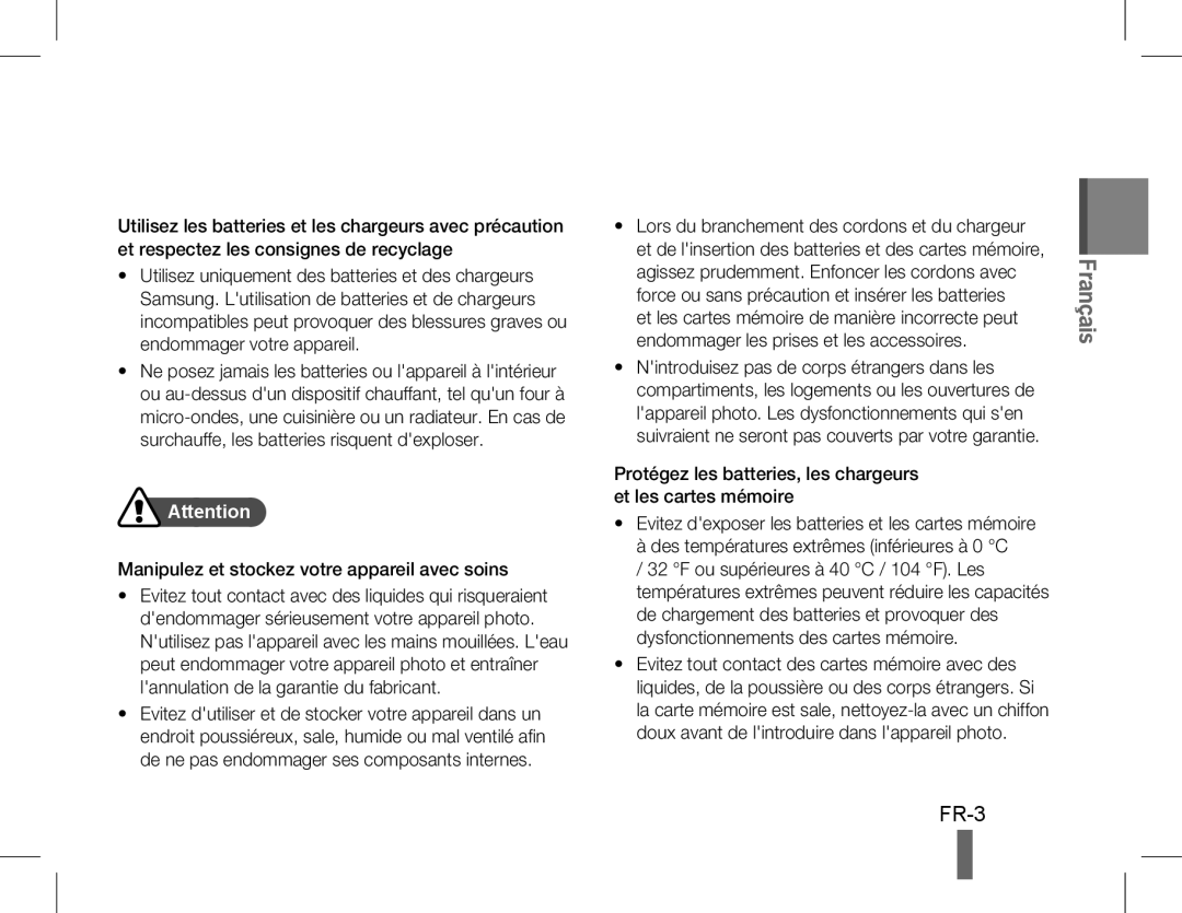 Samsung EC-WB5500BPBIT, EC-WB5500BPAE1, EC-WB5500BPBE1, EC-WB5500BPASA manual Manipulez et stockez votre appareil avec soins 