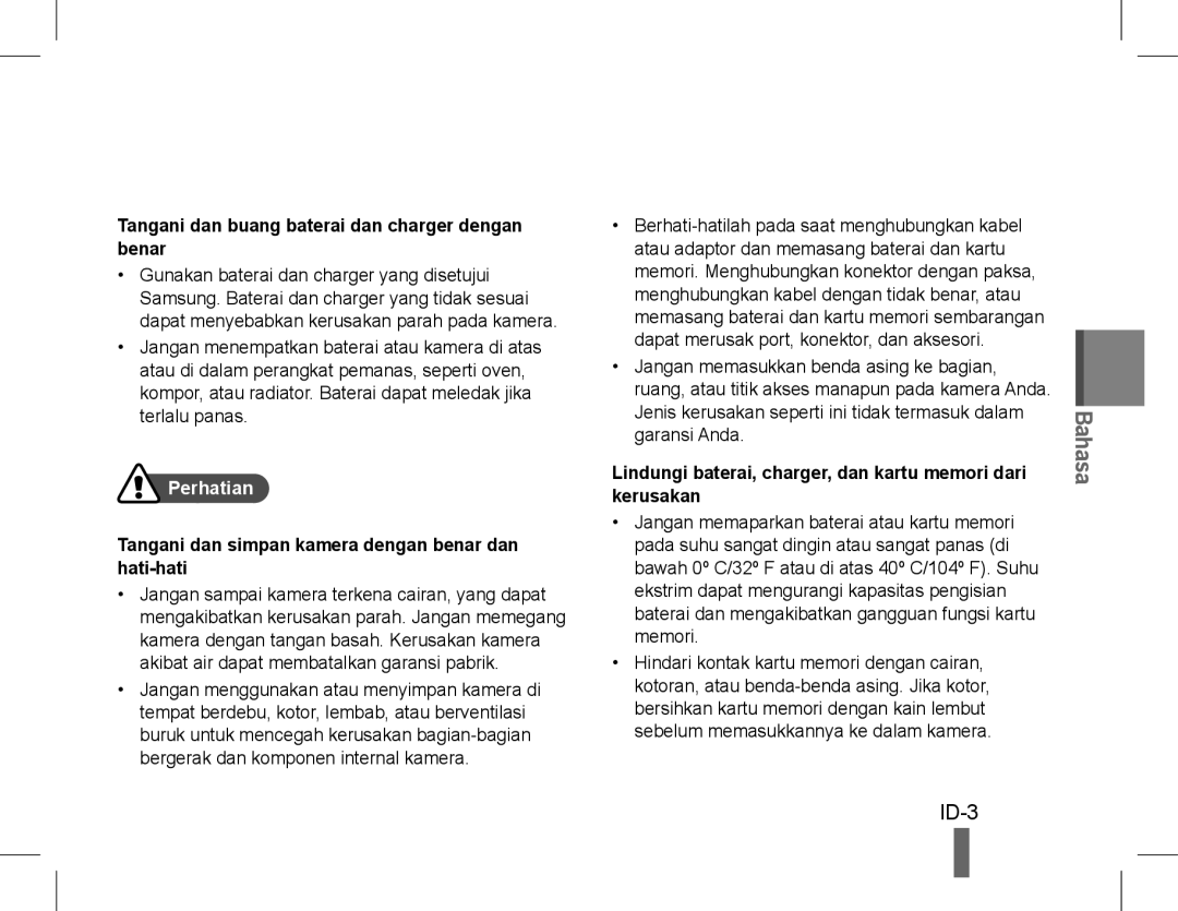 Samsung EC-WB5500BPAE1, EC-WB5500BPBE1, EC-WB5500BPBIT manual Tangani dan buang baterai dan charger dengan benar, Perhatian 