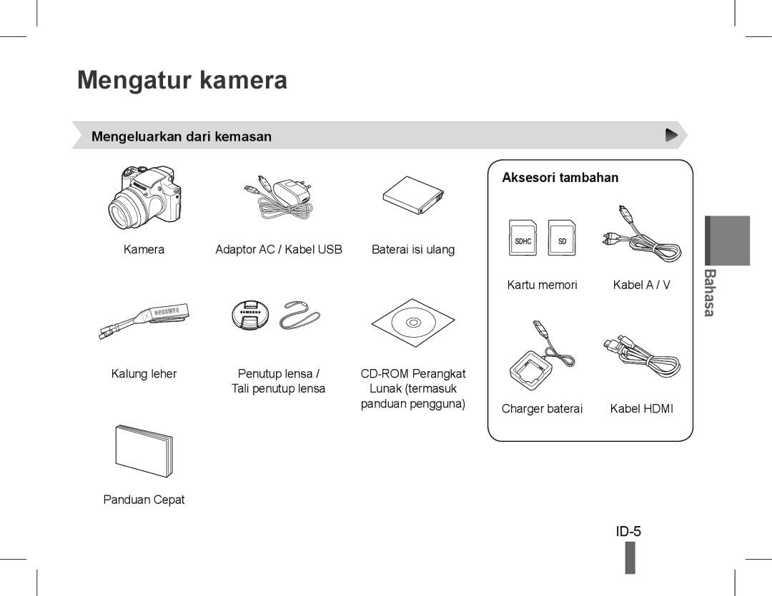 Samsung EC-WB5500BPBIT, EC-WB5500BPAE1, EC-WB5500BPBE1 manual Mengatur kamera, Mengeluarkan dari kemasan Aksesori tambahan 