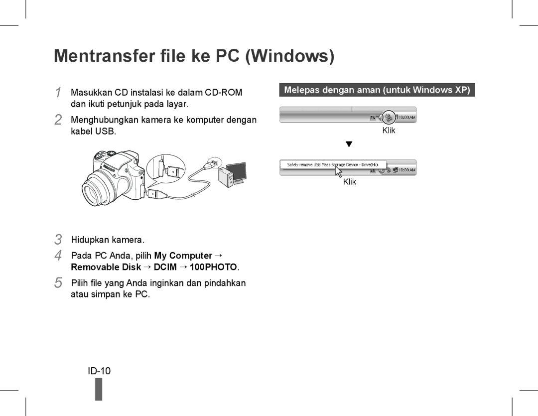 Samsung EC-WB5500BPBE2, EC-WB5500BPAE1 manual Mentransfer file ke PC Windows, ID-10, Melepas dengan aman untuk Windows XP 