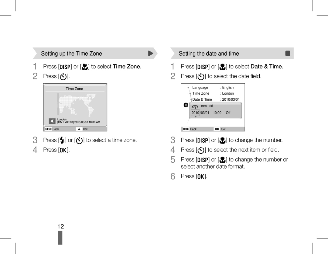 Samsung EC-WB5500BPBE1, EC-WB5500BPAE1, EC-WB5500BPBIT, EC-WB5500BPASA Setting up the Time Zone, Setting the date and time 