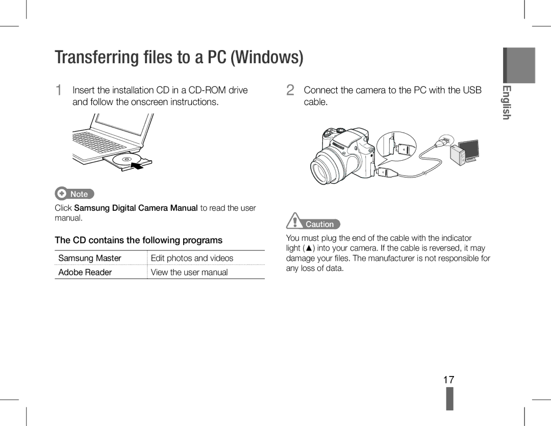 Samsung EC-WB5500BPBE3, EC-WB5500BPAE1 Transferring files to a PC Windows, Insert the installation CD in a CD-ROM drive 