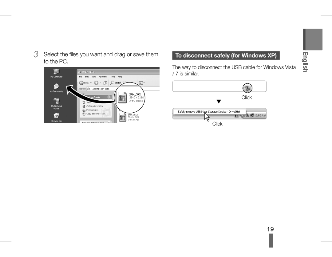 Samsung EC-WB5500BPAE3 Select the files you want and drag or save them to the PC, To disconnect safely for Windows XP 