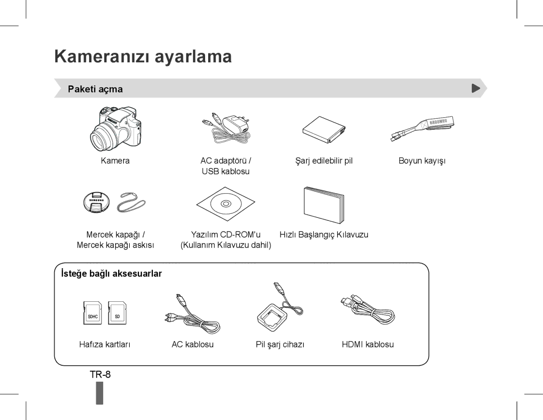 Samsung EC-WB5500BPBE3, EC-WB5500BPAE1, EC-WB5500BPBE1 Kameranızı ayarlama, TR-8, Paketi açma, İsteğe bağlı aksesuarlar 