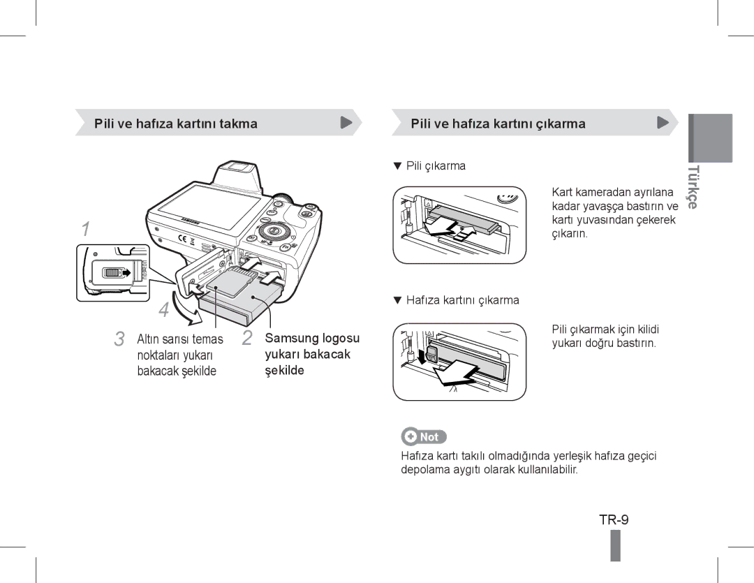 Samsung EC-WB5500BPBE2, EC-WB5500BPAE1 TR-9, Pili ve hafıza kartını takma Pili ve hafıza kartını çıkarma, Samsung logosu 