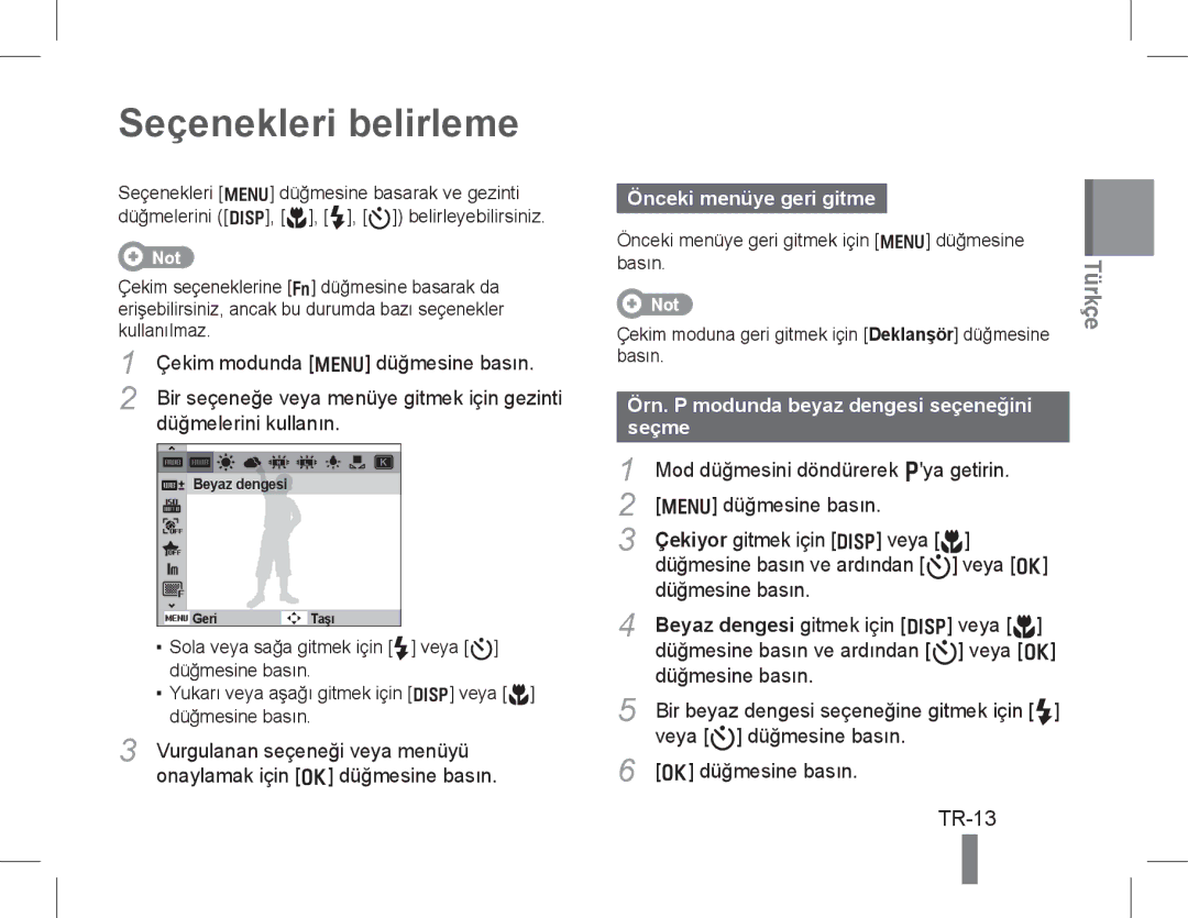 Samsung EC-WB5500BPAE1, EC-WB5500BPBE1, EC-WB5500BPBIT manual Seçenekleri belirleme, TR-13, Önceki menüye geri gitme 