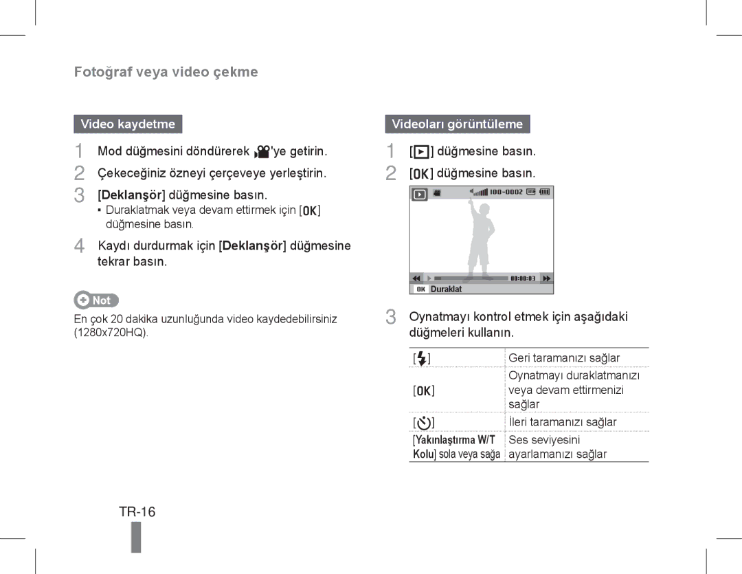 Samsung EC-WB5500BPASA, EC-WB5500BPAE1, EC-WB5500BPBE1, EC-WB5500BPBIT manual TR-16, Video kaydetme, Videoları görüntüleme 