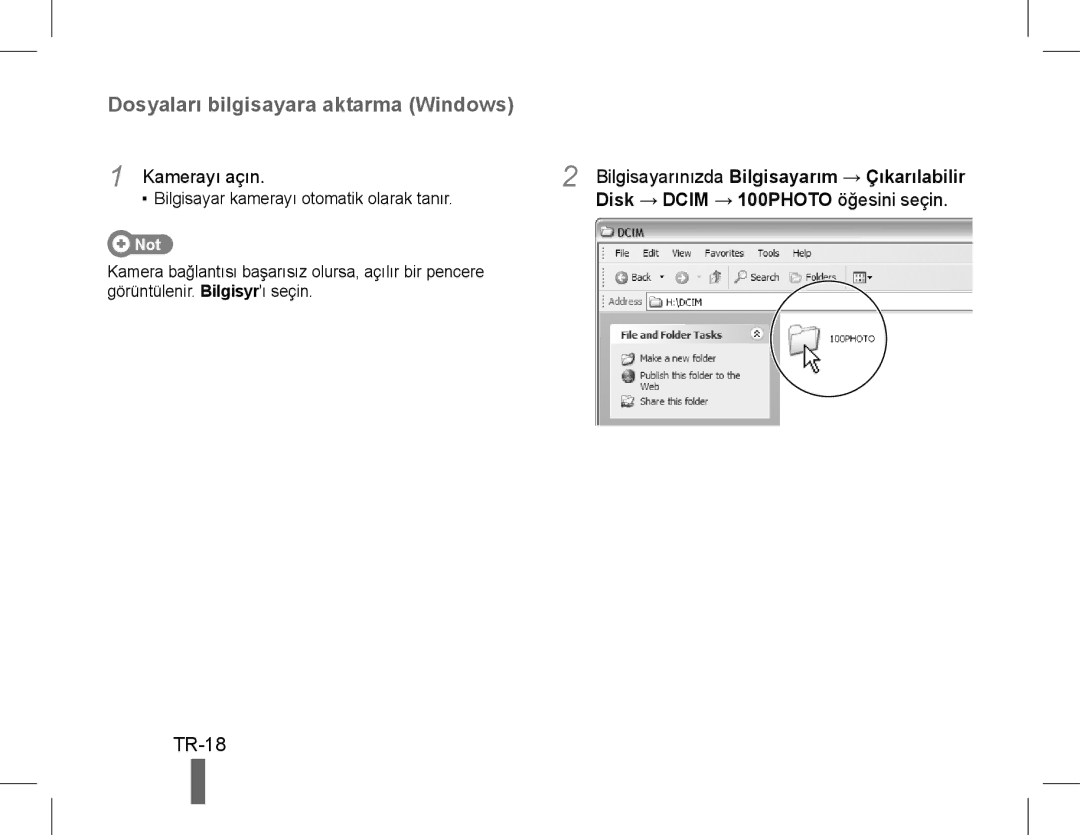 Samsung EC-WB5500BPBSA, EC-WB5500BPAE1, EC-WB5500BPBE1 manual TR-18, Kamerayı açın, Disk → Dcim → 100PHOTO öğesini seçin 