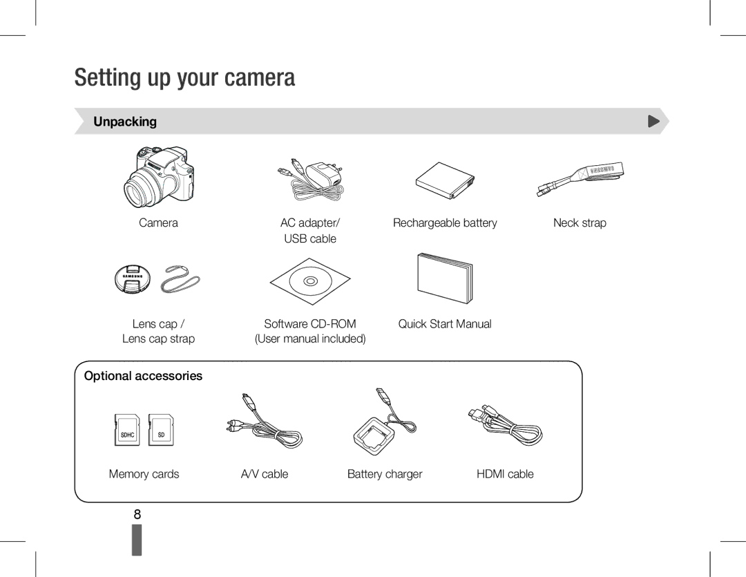 Samsung EC-WB5500BPAE3, EC-WB5500BPAE1, EC-WB5500BPBE1 manual Setting up your camera, Unpacking, Optional accessories 