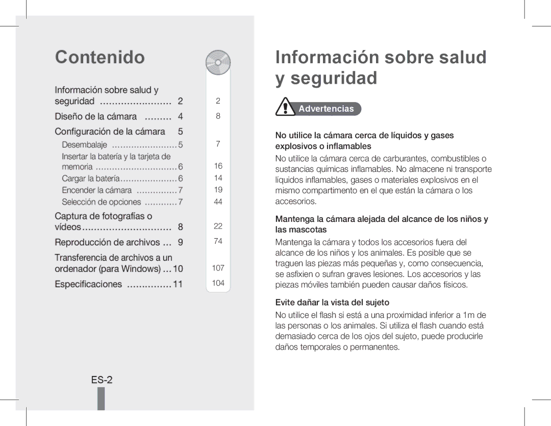 Samsung EC-WB5500BPBE1 manual Contenido, Información sobre salud y seguridad, Información sobre salud y Seguridad… …………………… 