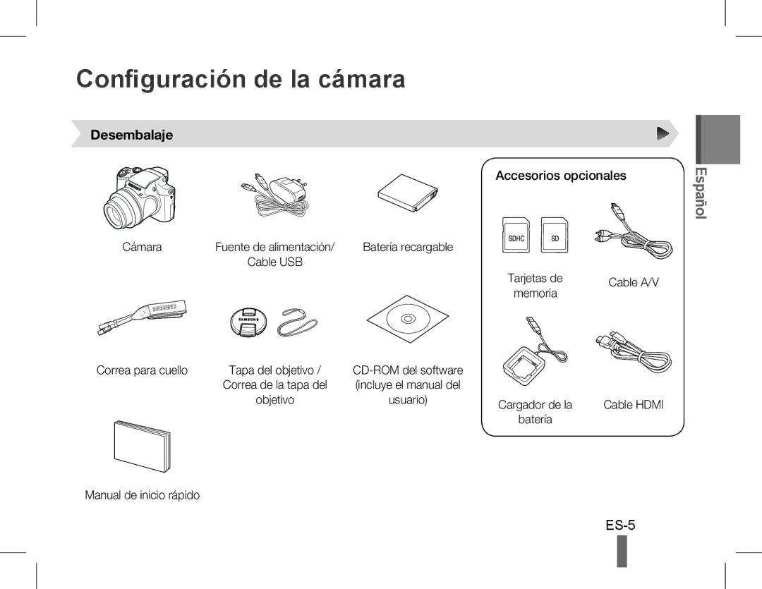 Samsung EC-WB5500BPBIL, EC-WB5500BPAE1 manual Configuración de la cámara, Desembalaje, Accesorios opcionales, Cámara 