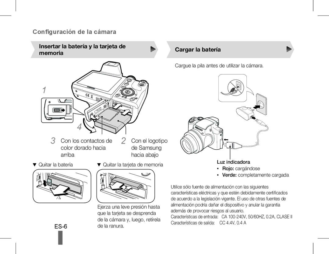 Samsung EC-WB5500BPBSA manual Insertar la batería y la tarjeta de memoria, Con los contactos de, Cargar la batería 