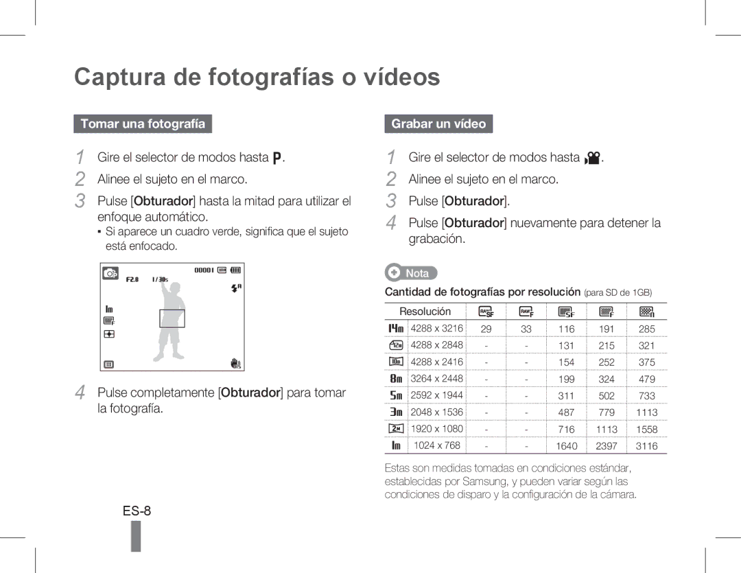 Samsung EC-WB5500BPBE2, EC-WB5500BPAE1 manual Captura de fotografías o vídeos, Tomar una fotografía, Grabar un vídeo 