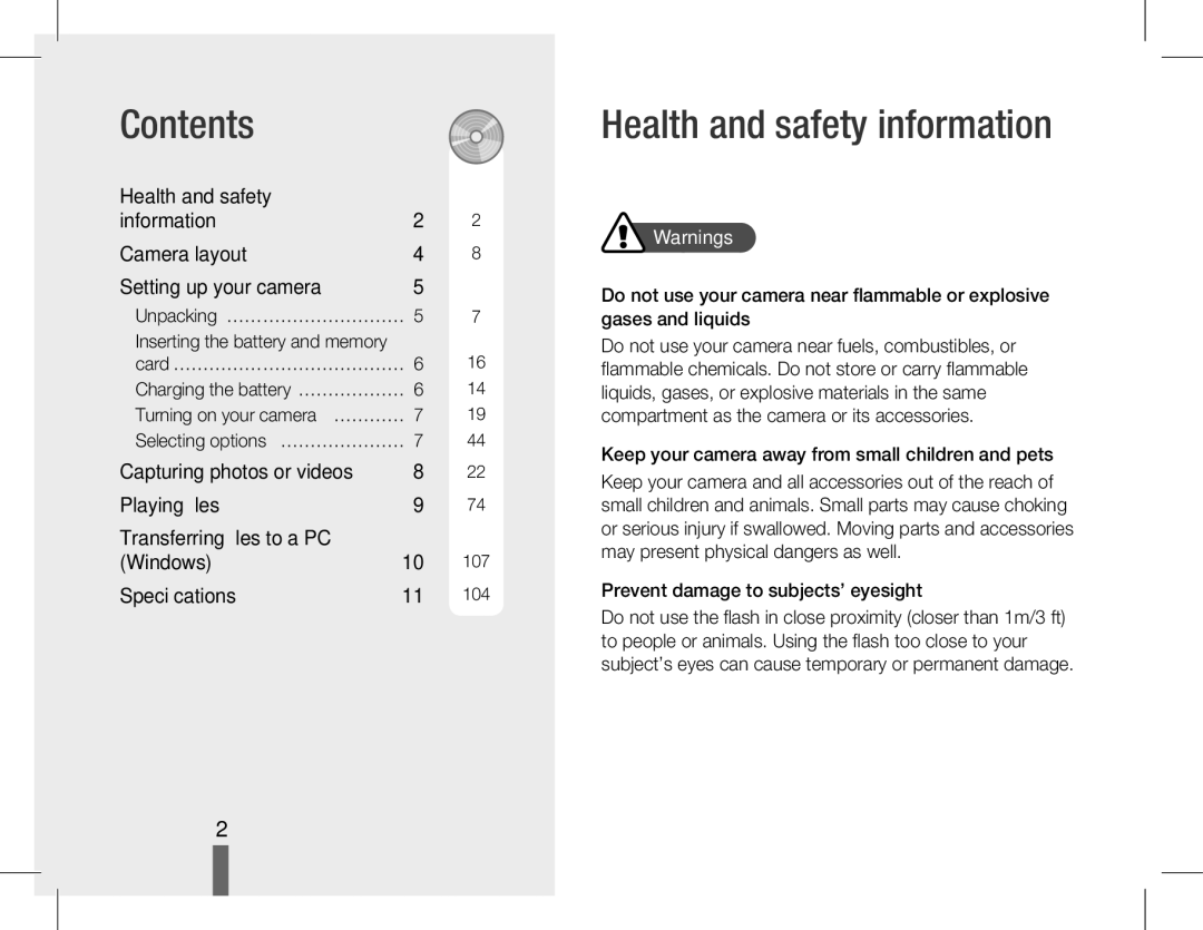 Samsung EC-WB5500BPBIT, EC-WB5500BPAE1, EC-WB5500BPBE1, EC-WB5500BPASA manual Contents, Health and safety information 