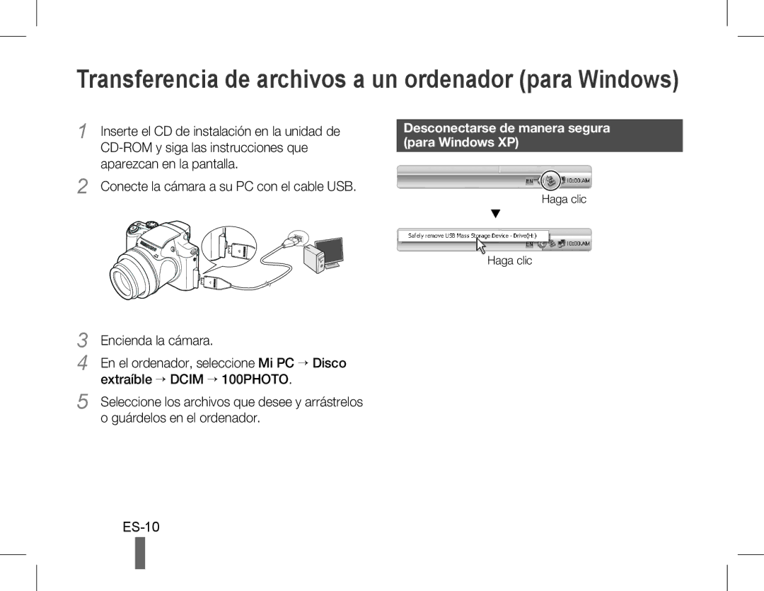 Samsung EC-WB5500BPARU manual Conecte la cámara a su PC con el cable USB, Desconectarse de manera segura para Windows XP 