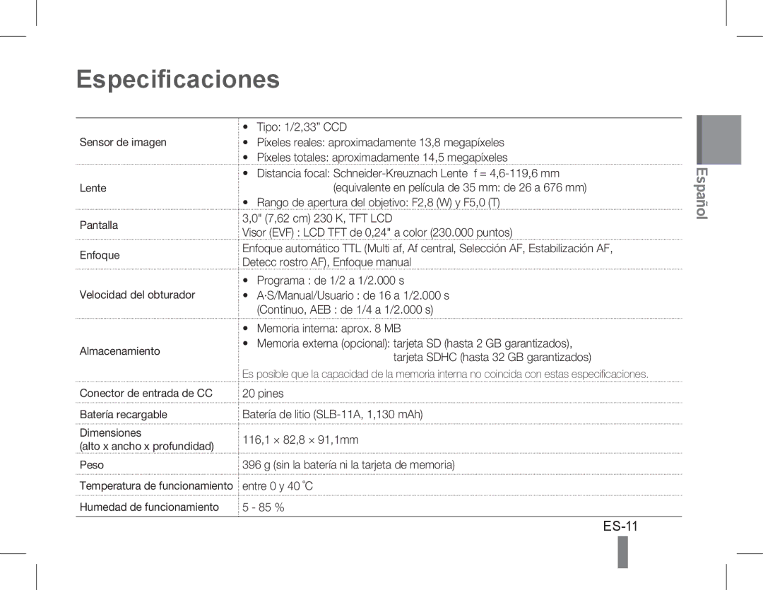 Samsung EC-WB5500BPBRU, EC-WB5500BPAE1 manual Especificaciones, Peso, Entre 0 y 40 ˚C, Humedad de funcionamiento 85 % 