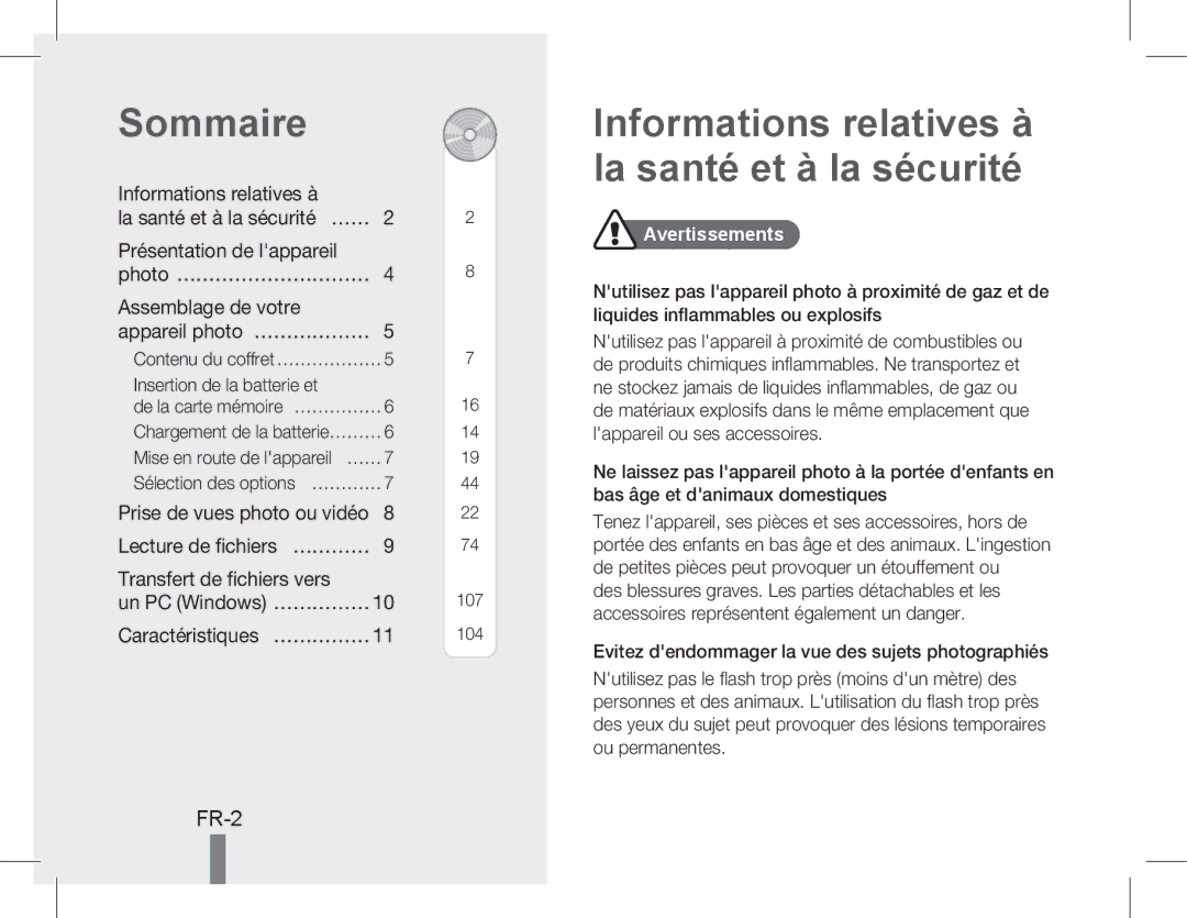 Samsung EC-WB5500BPAE1 manual Sommaire, Informations relatives à la santé et à la sécurité, Transfert de fichiers vers 