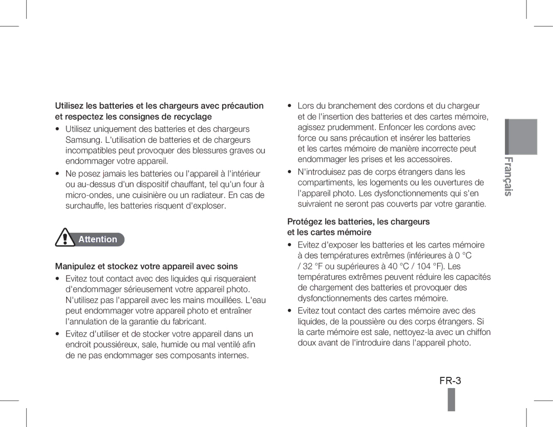 Samsung EC-WB5500BPBE1, EC-WB5500BPAE1, EC-WB5500BPBIT, EC-WB5500BPASA manual Manipulez et stockez votre appareil avec soins 