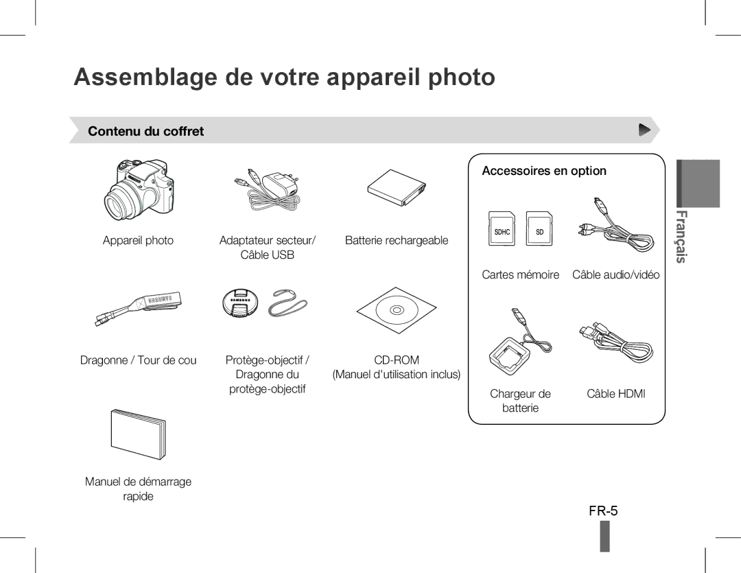 Samsung EC-WB5500BPASA manual Assemblage de votre appareil photo, Contenu du coffret, Accessoires en option, Appareil photo 